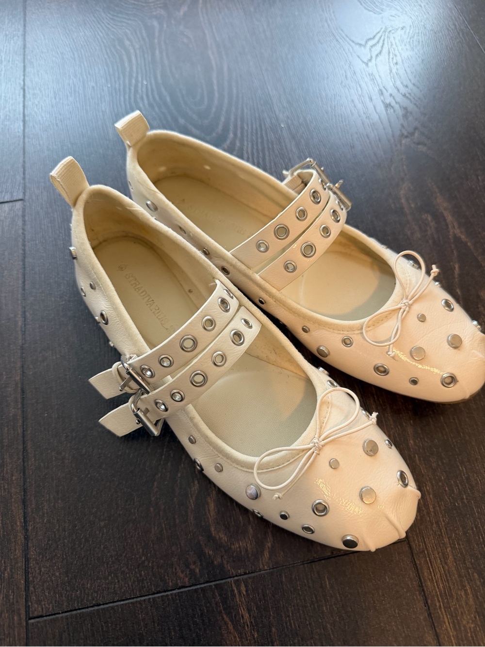 stradivarius Cream Studded Mary Jane Flats